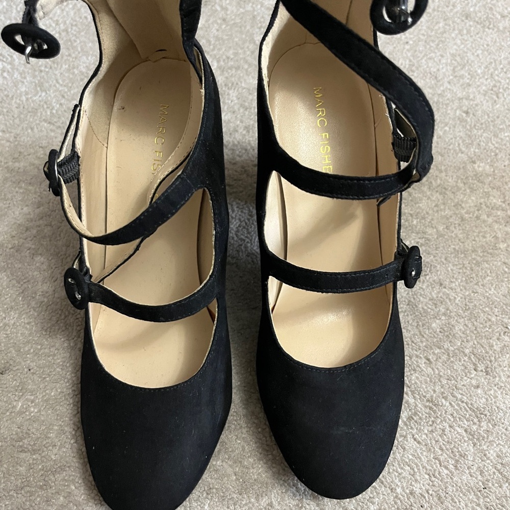 Designer Black Women's Shoes by Marc Fisher 3 strap chunk heel